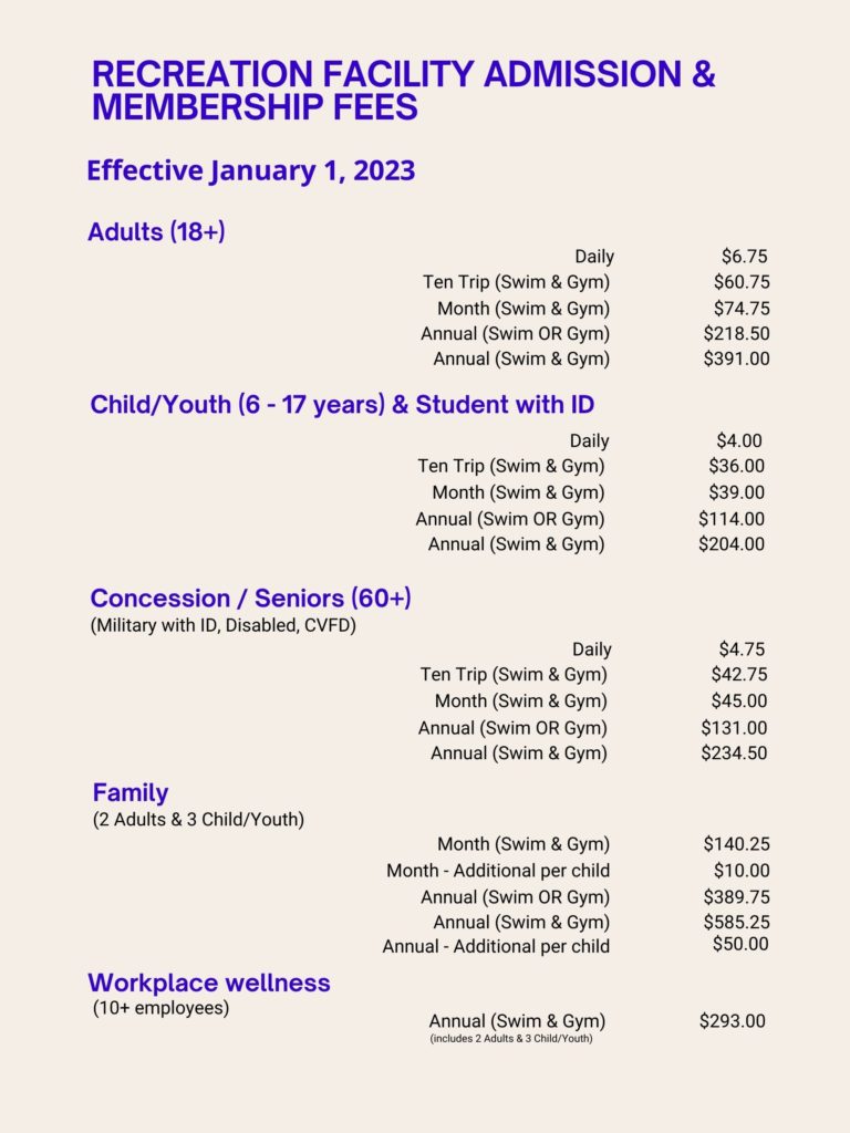 Recreation Facility Admission & Membership Fees 2023