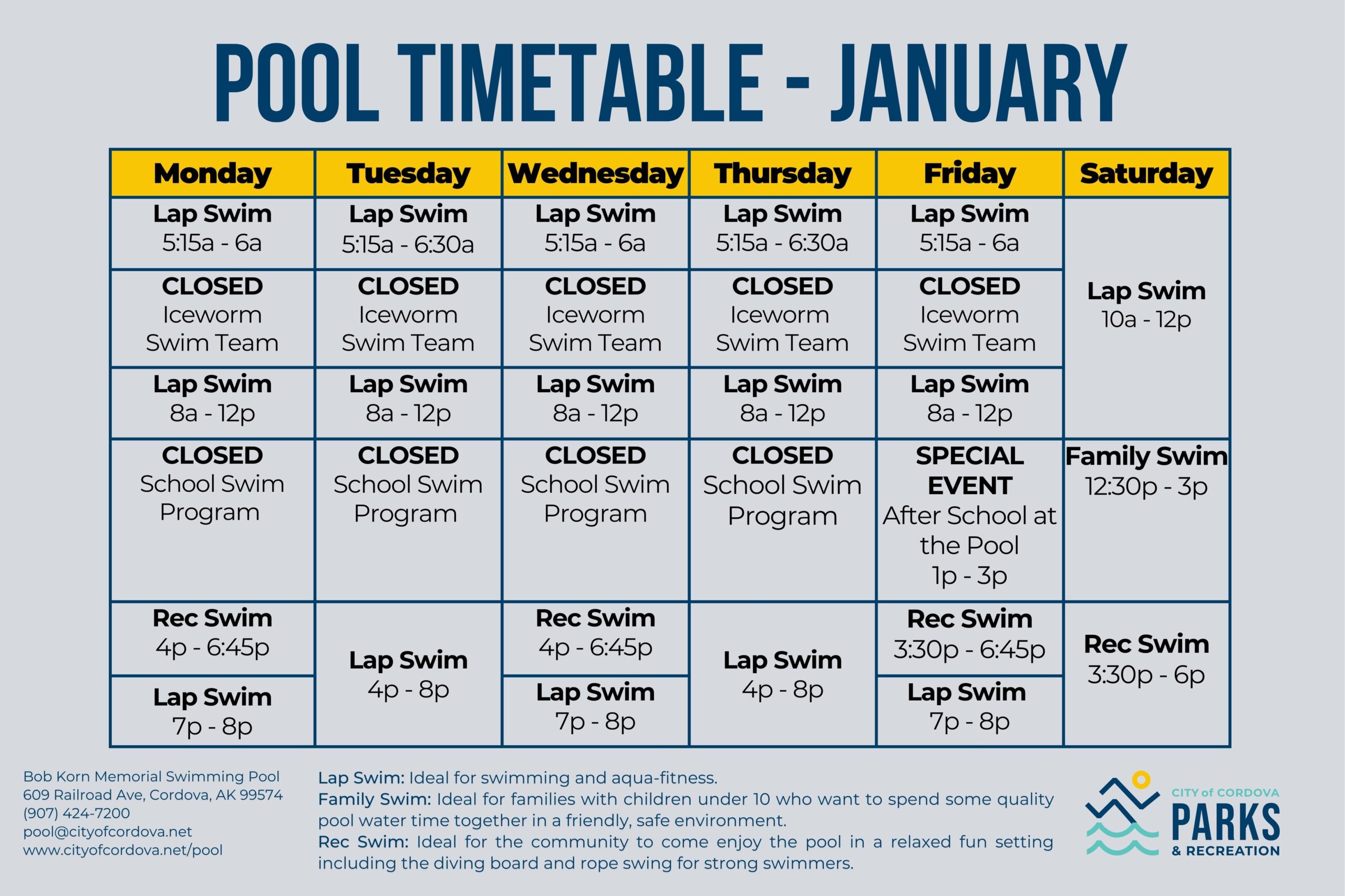 Bidarki & Pool Timetables City of Cordova, Alaska